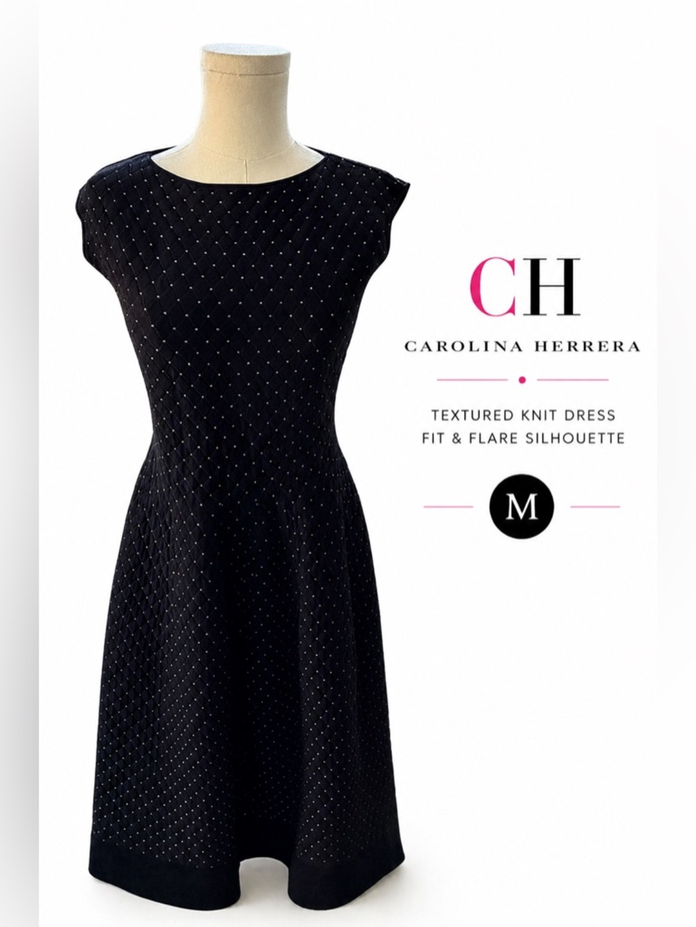Carolina Herrera CH Textured Knit Dress Black Polka Dot Fit Flare M